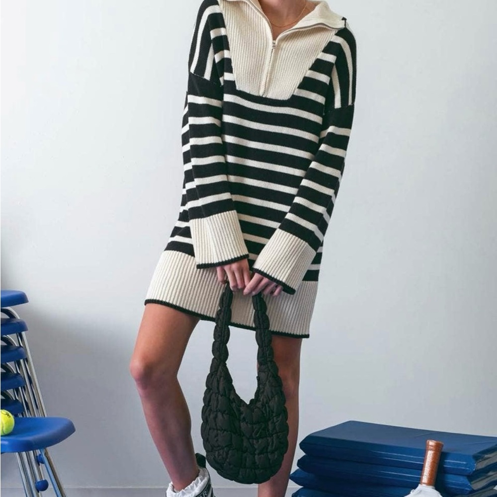 Blu Pepper Black and Cream Striped Turtleneck Sweater Dress